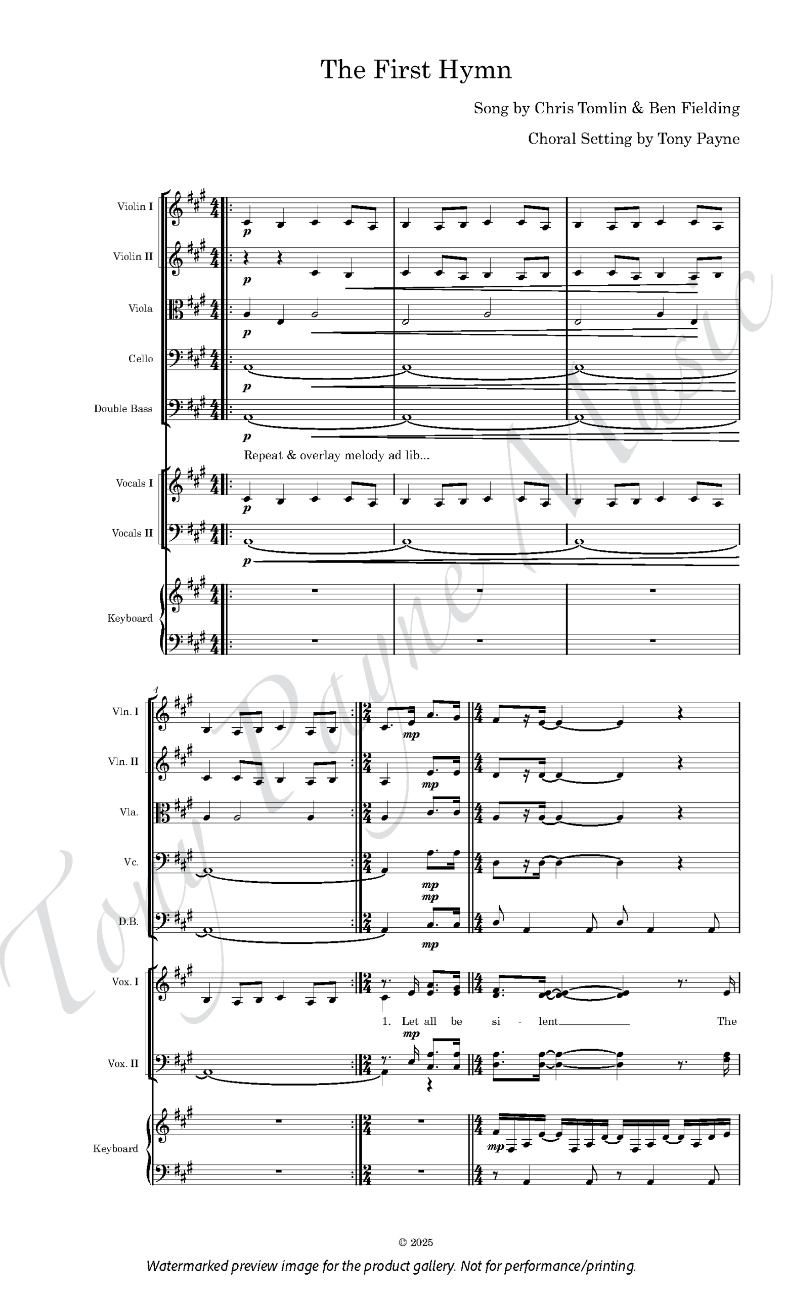 Preview of sheet music for ”The First Hymn" (watermarked).