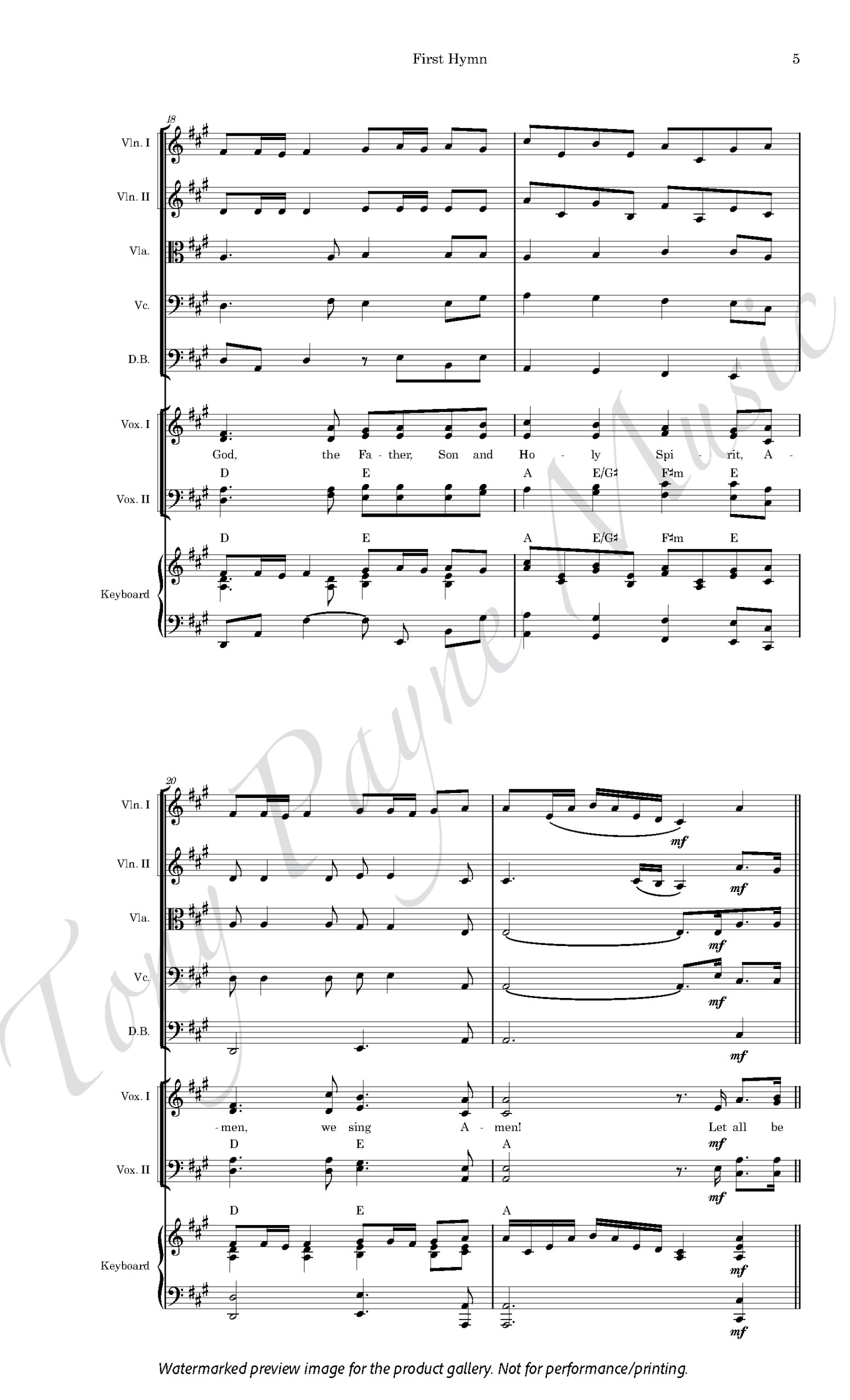 Preview of sheet music for ”The First Hymn" (watermarked).