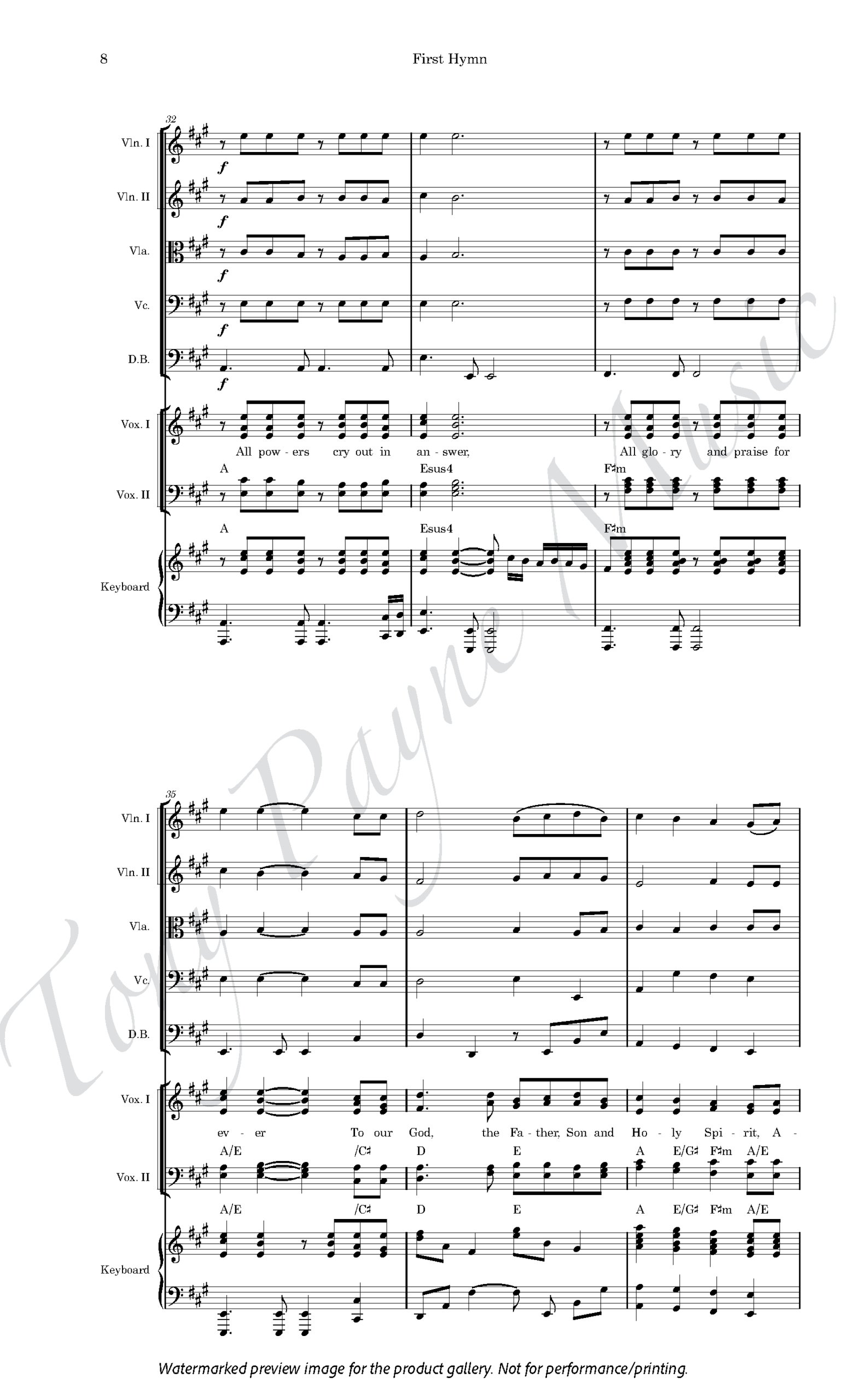 Preview of sheet music for ”The First Hymn" (watermarked).