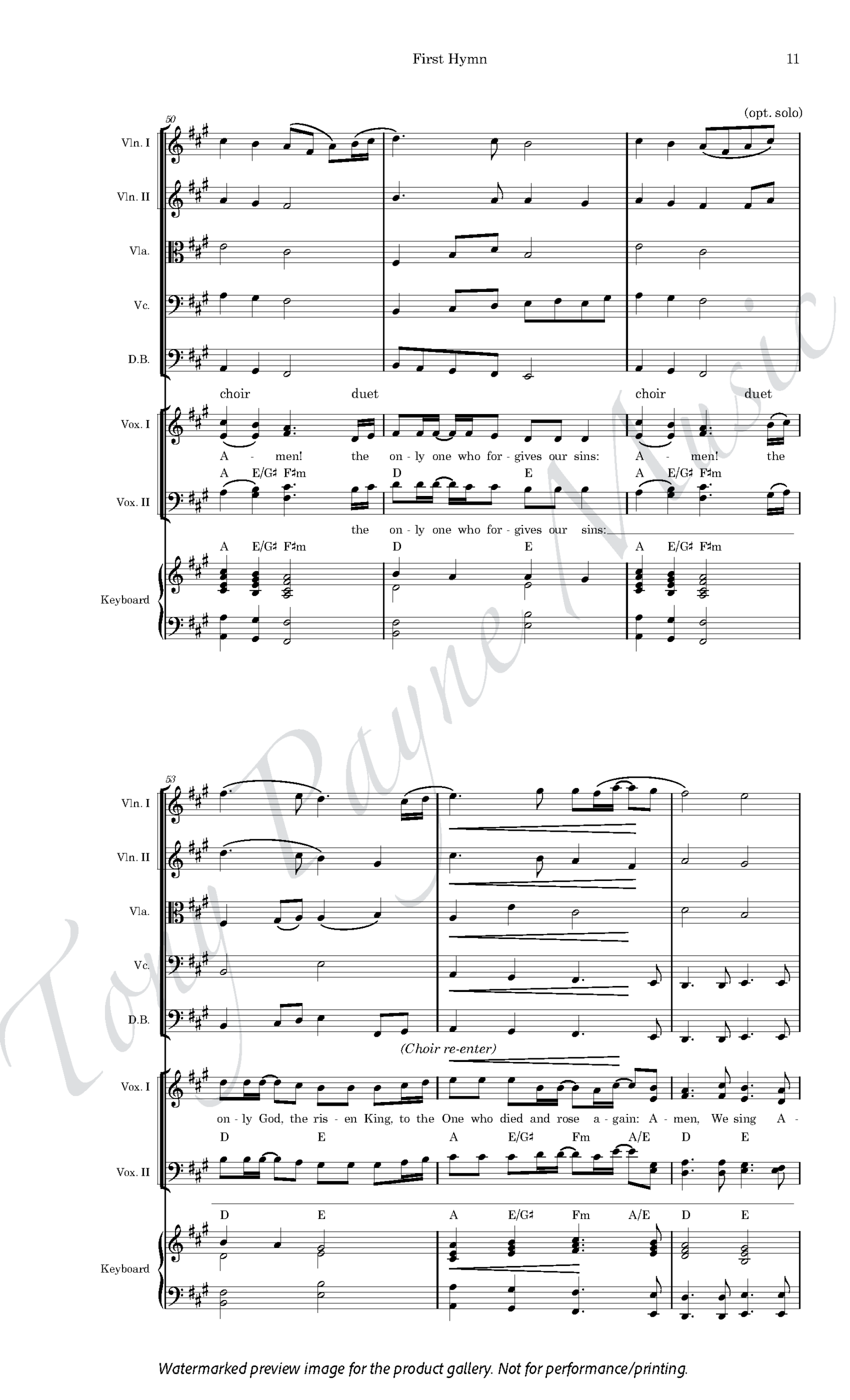 Preview of sheet music for ”The First Hymn" (watermarked).