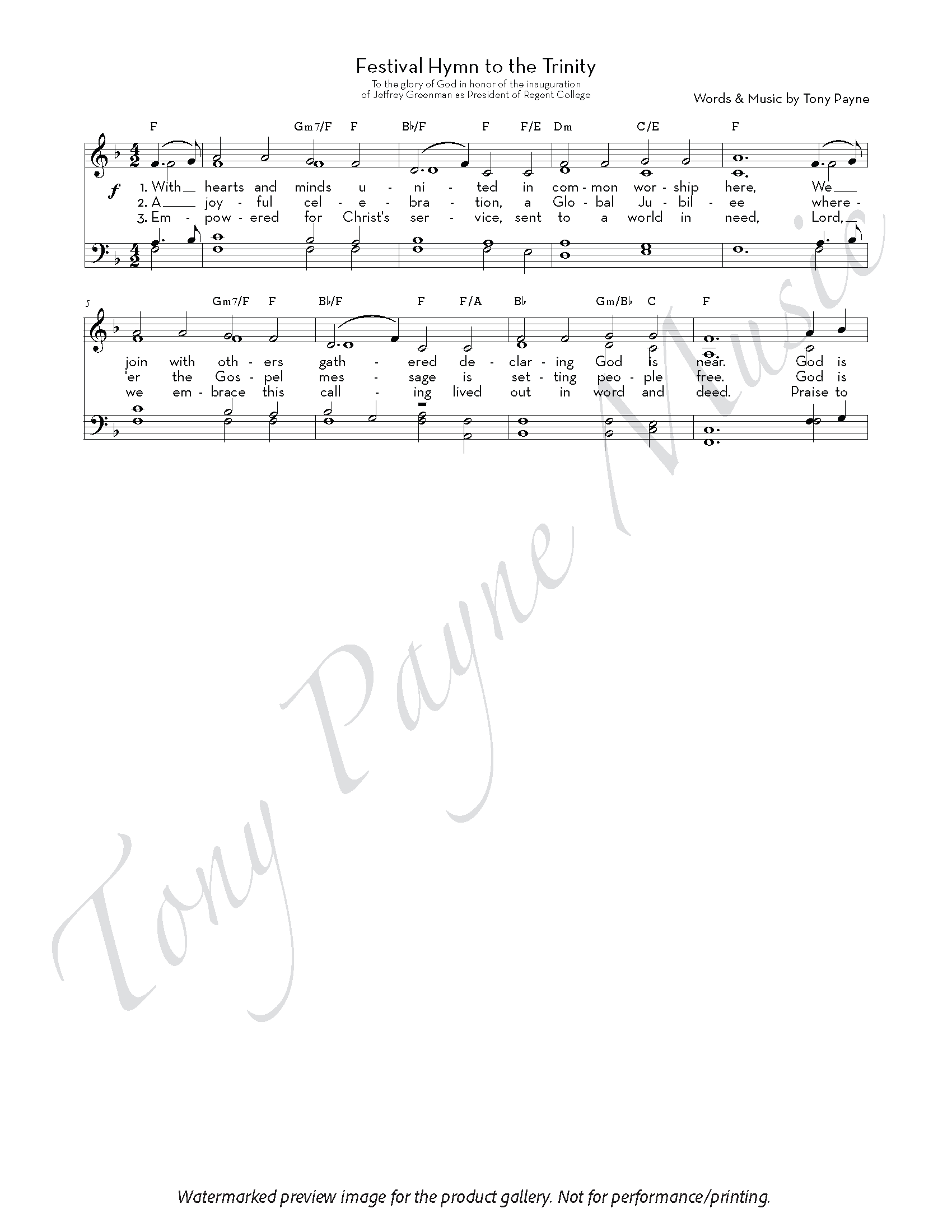 Preview of sheet music for ”Festival Hymn to the Trinity" (watermarked).