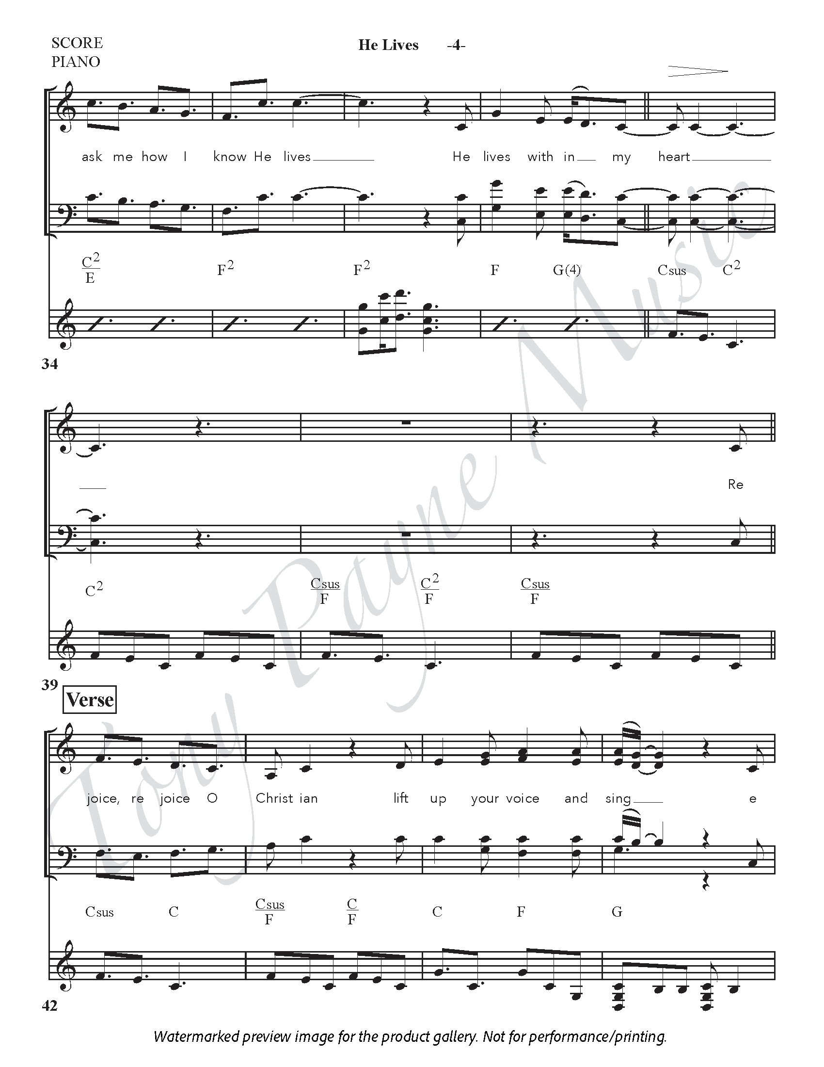 Preview of sheet music for ”He Lives" (watermarked)