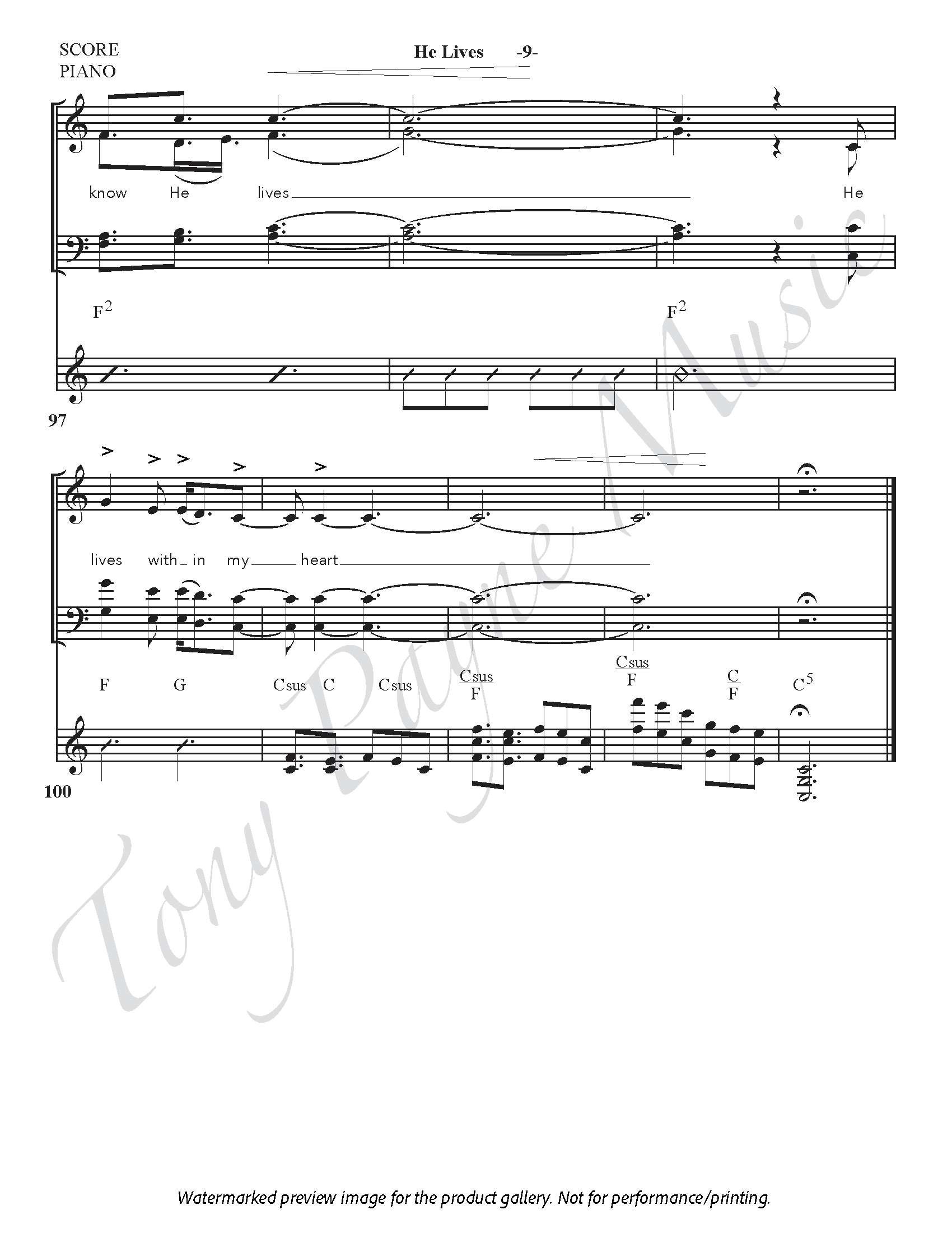 Preview of sheet music for ”He Lives" (watermarked)