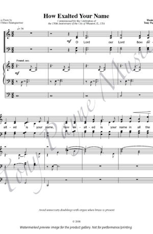 Preview of sheet music for "How Exalted Your Name - Choral Score" (watermarked)