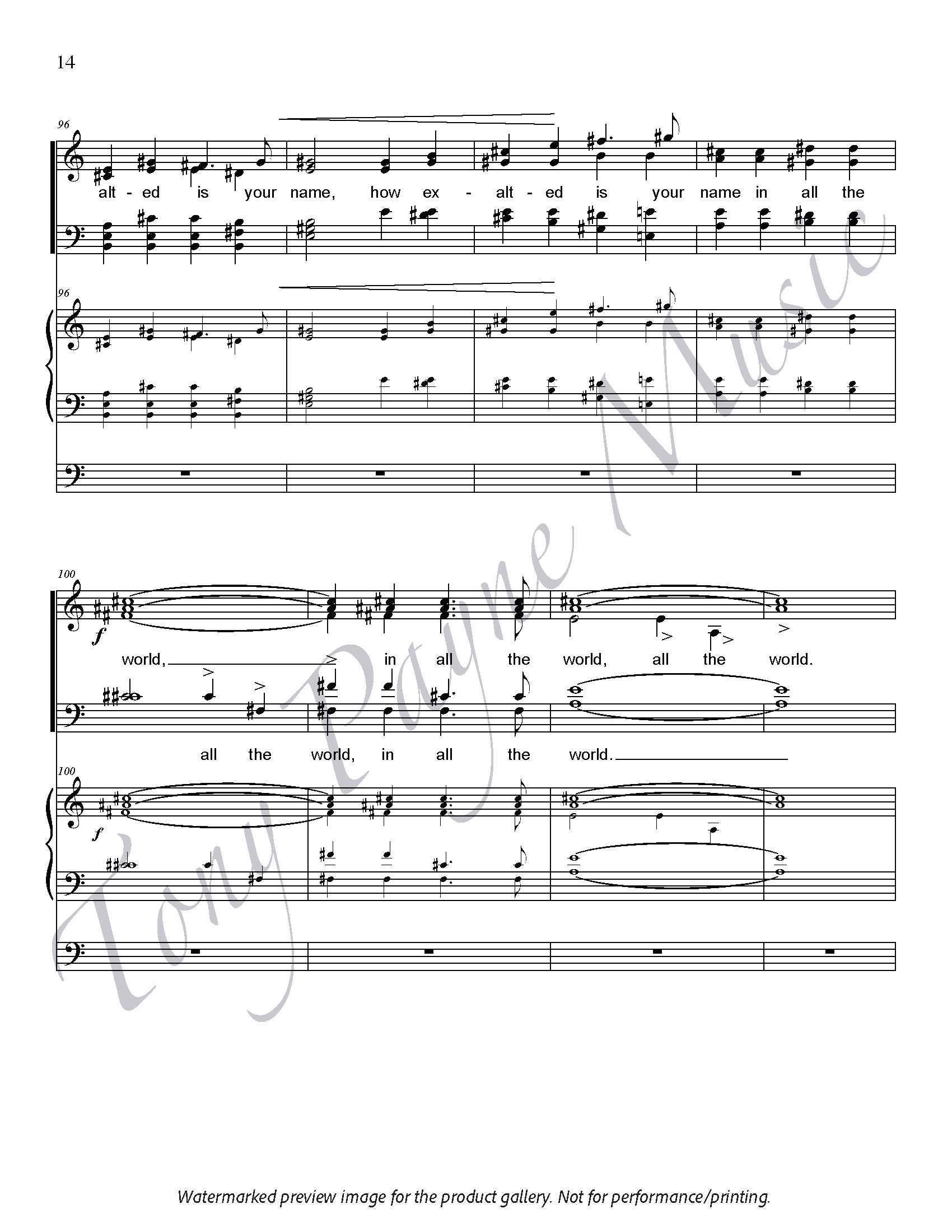 Preview of sheet music for "How Exalted Your Name - Choral Score" (watermarked)