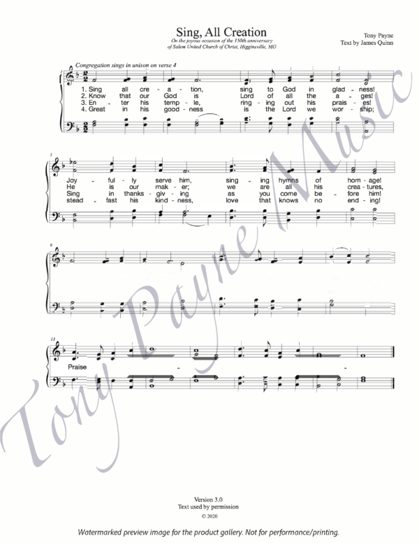 Preview of sheet music for "Sing, All Creation" (watermarked)