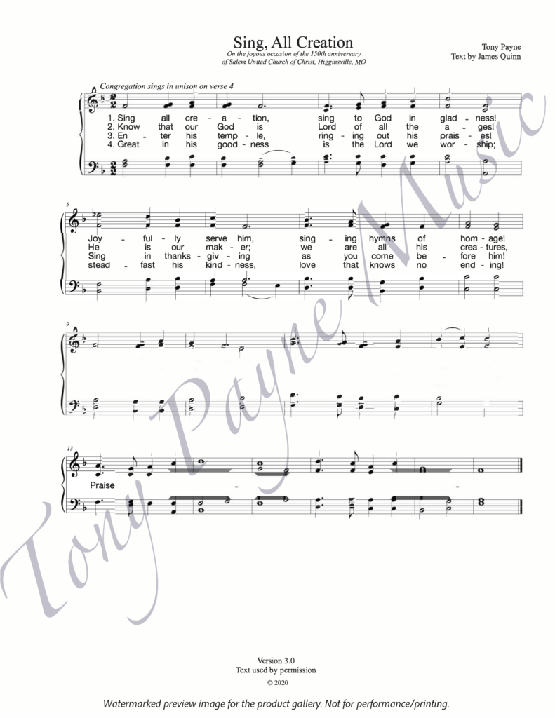 Preview of sheet music for "Sing, All Creation" (watermarked)